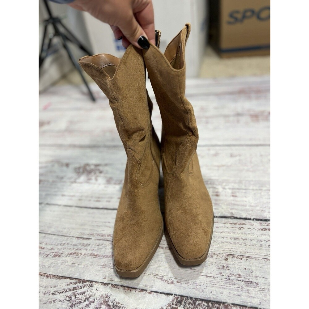 Pop Framework NEW Womens Slouch Boots Brown Stacked Heel Natural Faux Suede SZ 8 - Picture 3 of 11
